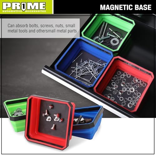 PR1ME Collapsible Magnetic Parts Tray Set, Foldable Magnetic Tray, 3 Pieces 4.25 inch Square Silicone Bowls with Magnetic Base Stores and Organizes Small Parts and Tools