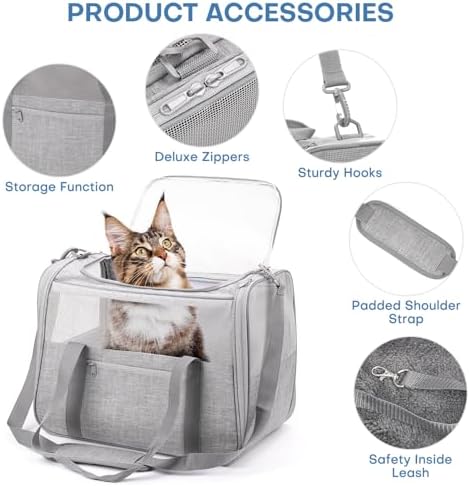 JUNGYOUN Premium Cat Carrier - Pet Carrier for Cat & Small Dogs up to 15lbs - Airline Approved Travel Dog Carrier with Anti-Escape Zippers, Collapsible Travel Bowl & Padded Strap