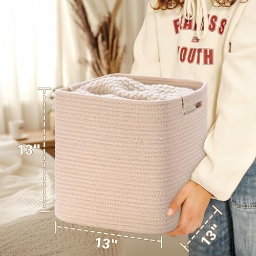 13 Inch Storage Cubes, 3 Pack Cube Storage Bins for Organizing, Cotton Rope Woven Baskets for Shelves, Bathroom, Kids Room, Closets, Baby Nursery