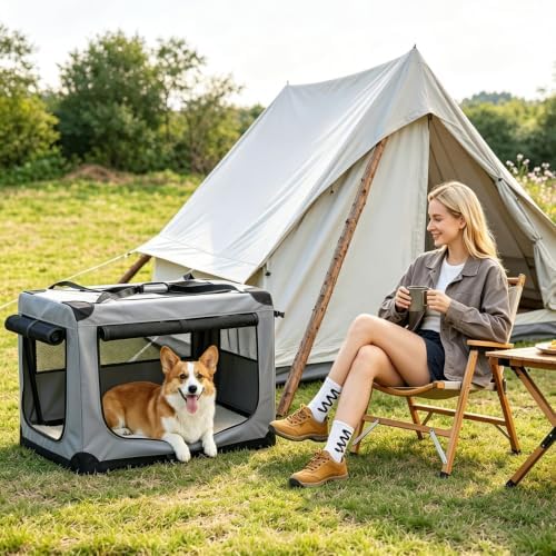 XXL Soft Collapsible Dog Crate for Large Dogs - 3-Door Portable Folding Kennel with Washable Cover, Fleece Bed, Side Pocket, Safety Zippers - XXL Size
