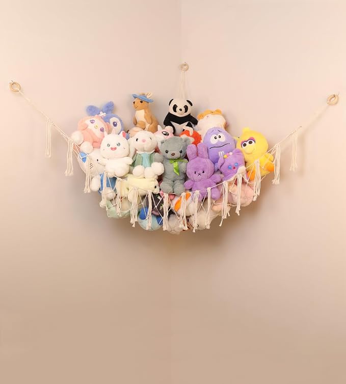 100% Cotton Handmade Stuffed Animal Storage Hammock, Large | Macrame Corner Toy Net, 6 inches Tassels, For Nursery Bedroom