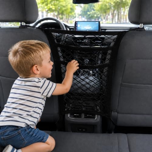 3-Layer Car Mesh Organizer, Dog Barrier Between Front Seats, Elastic Seat Back Net Bag for Kids, Pets, Tissue, Purse, Storage Pouch, Stretchable for SUV Van Truck