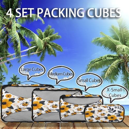 Bee 4 Set Packing Cubes Luggage Organizer Bags for Travel Accessories and Essentials, Yellow Floral