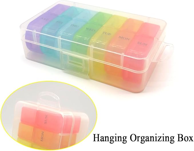 Travel Pill Organizer 7-Day for Purse Pocket, Daily Medicine Case | Box with 14 Compartment Weekly Meds Container Reminder Planner AM PM Hold Medicine, Vitamin, Supplement, Fish Oil, Colorful
