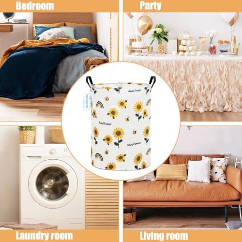Round Laundry Basket Collapsible Storage Hamper Organizer Sunflower | Waterproof Canvas Foldable Baskets with sturdy Handles Multi-scene Organizer for Home Play Bedroom Gift Bin