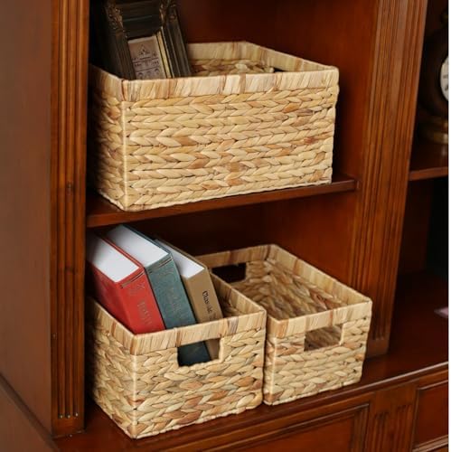KINGWILLOW Woven Natural Water Hyacinth Rectangular Organizer Basket, Small