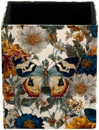 Retro Butterfly Pen Holder for Desk Decor, Rectangular PVC Leather Pencil Cup for Desk Pen Organizer, Makeup Brush Holder for School, Home, Office