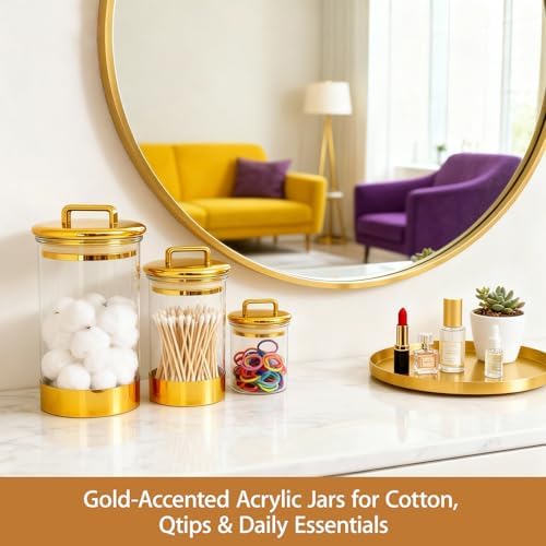 3-Pack Acrylic Storage Jars with Gold Lids – Airtight Canisters for Kitchen, Bathroom, Office | Decorative Storage for Snacks, Bath Bombs, Cotton Balls, and Small Essentials