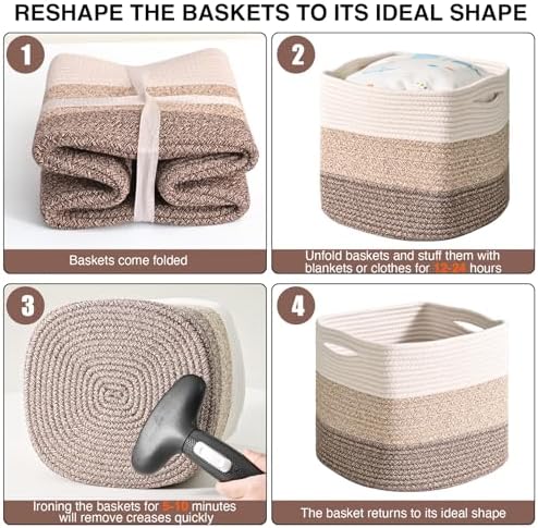 ICERZCZ 11 Inch Cube Storage Bins, Storage Cube Organizer Bins, Woven Cotton Rope Baskets for Storage, Storage Basket for Organizing Shelves, Square Baskets for Toys, Gradient Brown (Pack of 3)