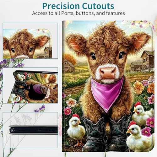 RWUTYTIUL Case for Samsung Galaxy Tab S6 Lite 10.4" 2024/2022/2020, 360 Degree Rotating Stand with Multi-Angle Vertical & Horizontal Viewing Shockproof Shell for Women Men, Rooster Yellow Cow