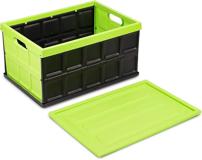 Glad Collapsible Storage Bin with Lid - 48L Foldable Plastic Box for Garage, Car Trunk, and Organization - Stackable Lidded Container with Handles, Green