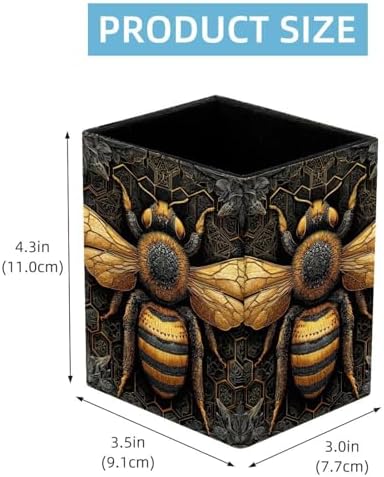 Artistic Bee Pen Holder for Desk Decor, Rectangular PVC Leather Pencil Cup for Desk Pen Organizer, Makeup Brush Holder for School, Home, Office