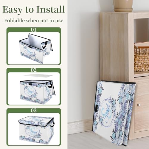 Blue Flower Storage Bin with Lid Personalized Storage Baskets for Organizing Foldable Closet Organizers with Handles,Cute Basket for Boys Girls for Clothes Blanket Pet Dog Toy Basket Storage (1 Pack)