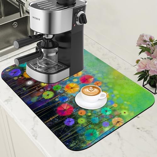 Dish Drying Mat Watercolor Rainbow Dandelion Coffee Bar Mat for Countertop Absorbent Hide Stain Rubber Backed Dish Drainer Rack Pad Espresso Machine Dining Room Decoration 11.8 x 19.7 Inch
