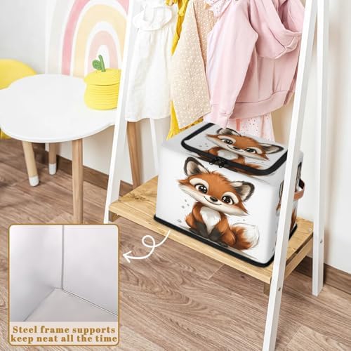 Wild Animals Fox Storage Bins with Zipper Lid Foldable Fabric Organizer Box with Handles Rectangular Closet Clothes Organizer Containers