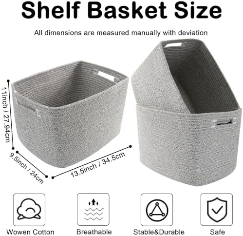 3 Pack Woven Baskets,Storage Baskets for Shelves with Handles | 13.5"×11"×9.5", Closet Baskets, Nursery Organizer for Toys Towels Books, Storage Bin for Living Room Bedroom (Mixed Grey)