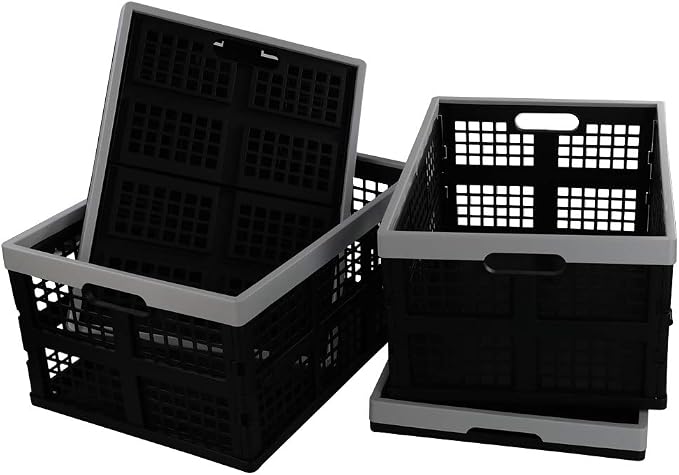 34-Liter Collapsible Milk Crates, Stackable Storage Basket, Set of 4 | Folding Crate for Oraganizing, Black & Grey