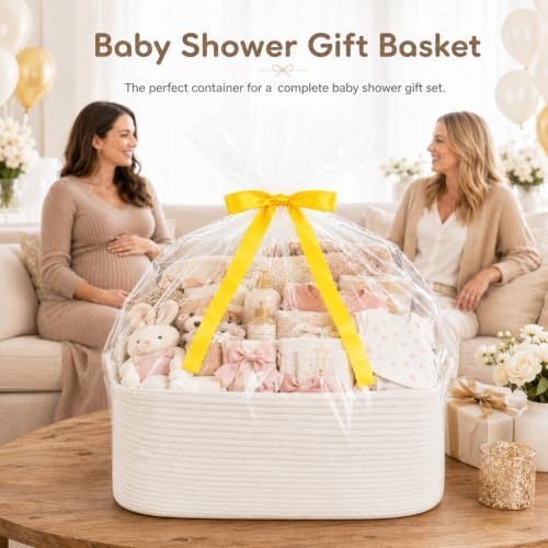OIASKET XXL Large Empty Cotton Rope Gift Basket with Handles, 20.1"x14.6"x8.7" Decorative Woven Storage Basket with Gift Bag and Ribbon Set for Baby Shower, Toy Organizer for Kids, Dogs & Cats - White