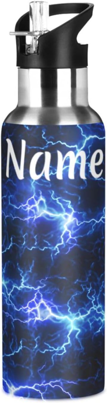 Custom Name Blue Black Lightning Water Bottle with Straw Lid Kids Insulated Stainless Steel Water Flask Sports, 20 Oz Hot Cold