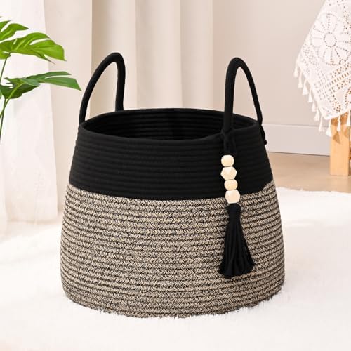 Large Nursery Hamper, 30L Blanket Basket with Handle, Baby Laundry Basket for Gift, Toy, Clothes, Woven Storage Basket with Wooden Bead Decor, Baby Hamper for Nursery (Black&Brown)