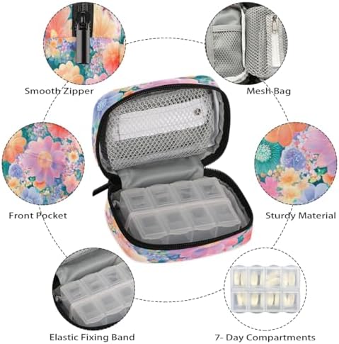 Pill Organizer Box Painted Flowers Spring 7-Day Weekly Medicine Pill Case Travel Pill Container Portable Pill Holder Storage Purse Bag Small Compact Size for Vitamin Supplement Birth Control