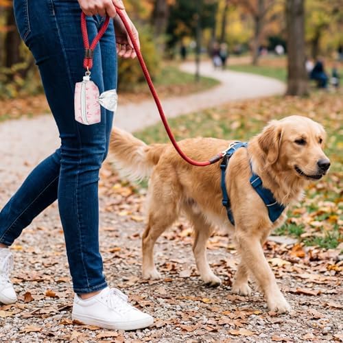 Dog Waste Bag Dispenser with Zippered Pouch, Durable Polyester Dog Poop Bag Holder for Leashes, Portable Lightweight Pink Bow Pet Doggy Waste Bag Holder