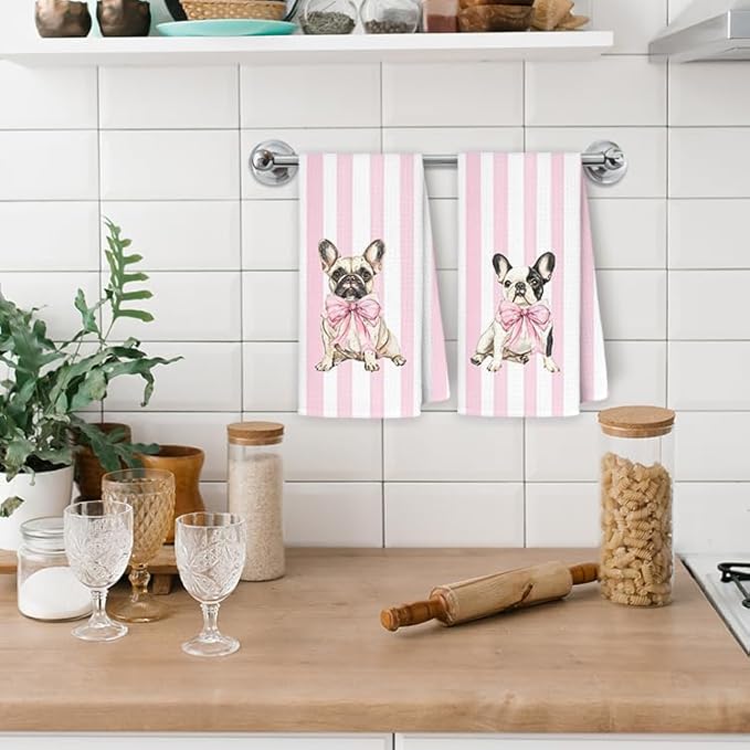 Pink Bow French Dog Kitchen Towels, French Bulldog Gifts Dish Tea Towels for Kitchen Decor, Preppy Girly Frenchie Dog Decorative Hand Towel Bathroom Decor, 16x24 Inch Set of 2