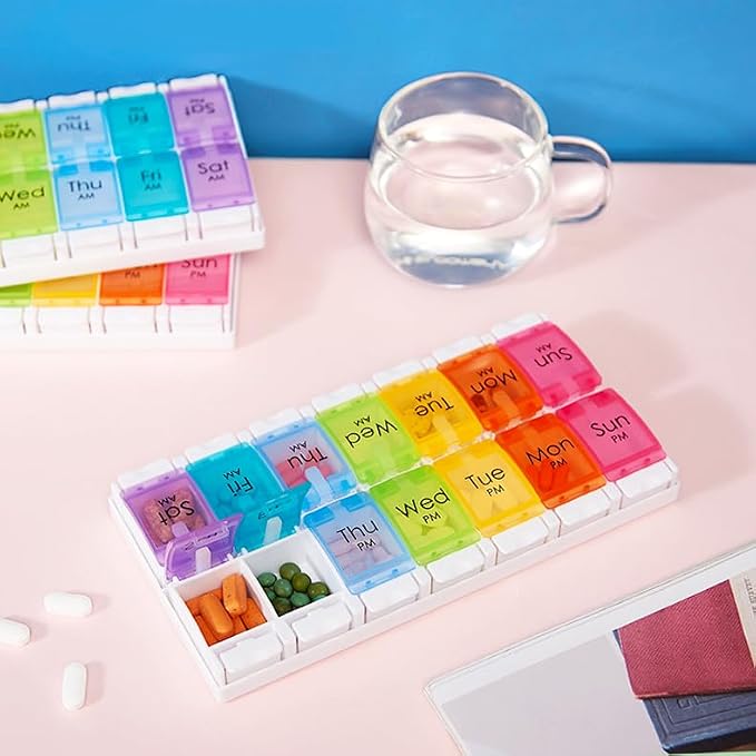 Push Button 7-Day Pill Case, Daily Travel Vitamin Medicine Planner | Twice a Day AM PM 14 Compartments Pill Box Organizer Reminder for Fish Oil, Supplement, Arthritis Friendly, Colorful Lids