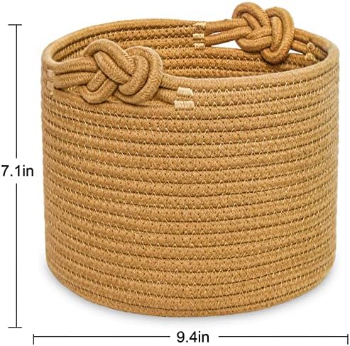 ABenkle Small Woven Basket, Cotton Rope Shelf Storage Basket, Small Round Basket, Cute Basket, Decorative Round Bin for Nursery Bedroom Bathroom, 9.4" x 9.4"x 7.1" Empty Gift Basket- Brown
