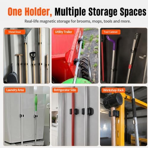 3-H 4 Pack Magnetic Broom Holder with 4 Pack Mini Magnetic Hooks,Black | Stainless Steel No Drill Mop Holder, Movable Magnet Tool Organizer for Garage Laundry Kitchen Garden RV