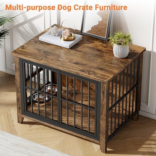 YaFiti 31.5" Wooden Dog Crate Furniture for Medium/Small Dogs, Rustic Brown | Adjustable Feeder, 2 Bowls, Chew-Resistant, Heavy Duty, Dog Kennel Indoor, Decorative Side End Table, Pet Cage House