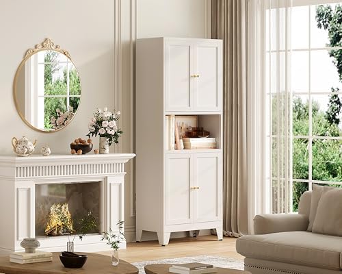 69"H Metal Storage Cabinet with Doors and Shelves,Tall White Cabinets,Bathroom Storage Cabinet,Large Cabinets with Glass Doors and Adjustable Shelves,Cabinet for Bathroom, Living Room, Dining Room