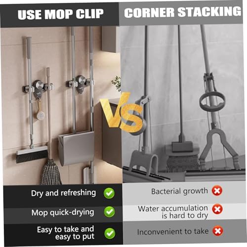 2PCS Suction Cup Broom Holder Wall Mount, No Drill Mop and Broom Organizer with Retractable Towel Rack, Transparent Bathroom Storage, Grey Holder and Mop Wall Mount Hanger Organizer Hanging S