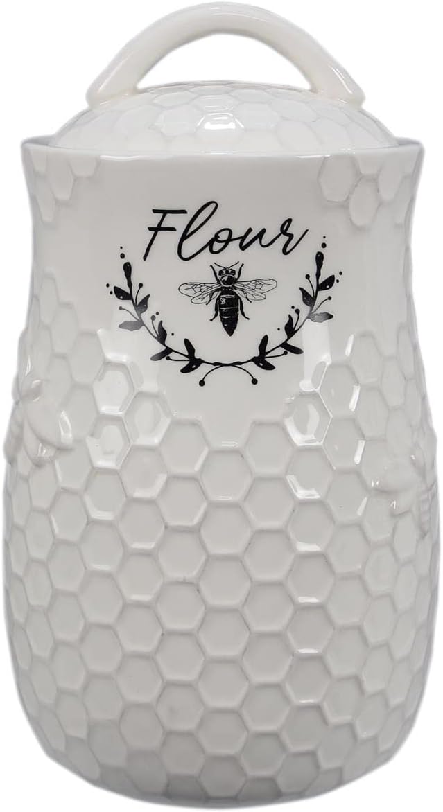 Young's Inc Ceramic Honey Bee Kitchen Canister Set of 4, Farmhouse Food Storage Containers for Flour Sugar Coffee Tea, Honeycomb Kitchen Decor with Lids, Hand Wash Only, Designed in USA