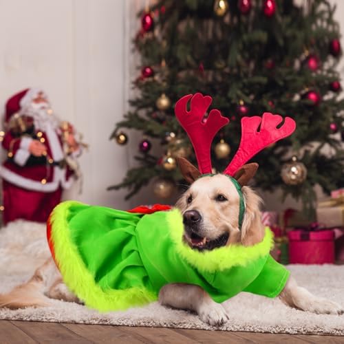 Glitopper Christmas Dog Costume Red Green Dog Outfit Lime Green Pet Outfit Velvet Furry Pet Costume Cosplay Christmas Dogs and Cats Clothes for Holiday Party Favors(Large)
