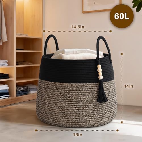Large Nursery Hamper, 60L Blanket Basket with Handle, Baby Laundry Basket for Gift, Toy, Clothes, Woven Storage Basket with Wooden Bead Decor, Baby Hamper for Nursery (Black&Brown)