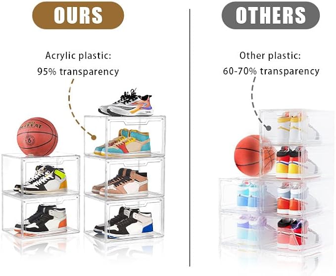 Clemate 5 Pack Clear Stackable Shoe Organizer Box with Lids, Acrylic Shoes Box with Magnetic Doors, Transparent Shoe Bins Closet Organizer, Fit up to US Size16, Containers for household or kitchen use