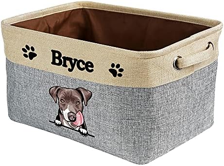 Custom Fabric Dog Toy Storage Basket with Cute Dog Pit Bull Collapsible Sturdy Fabric Pet Toys Storage Bin Cube with Handles for Organizing, Grey and White