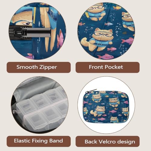 Weekly Pill Organizer Travel Size Bag with Removable 7 Day Pill Box Portable Vitamin Case Purse with Zipper,Scuba Cat Underwater with Fish