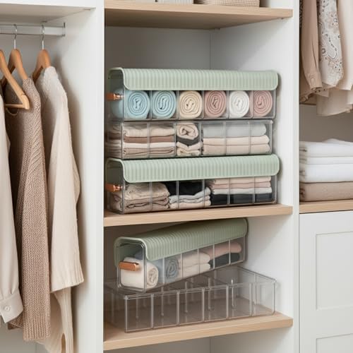 Clear PET Plastic Storage Box with Dividers, Stackable Organizer for Socks & Underwear, Bin for Closet & Bathroom (1 Pack)