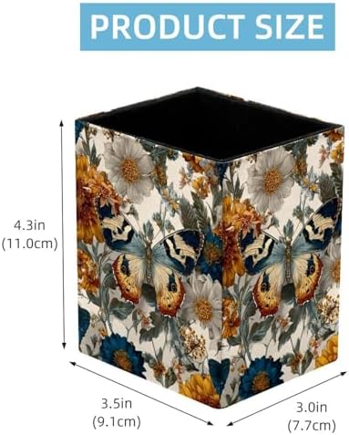 Retro Butterfly Pen Holder for Desk Decor, Rectangular PVC Leather Pencil Cup for Desk Pen Organizer, Makeup Brush Holder for School, Home, Office