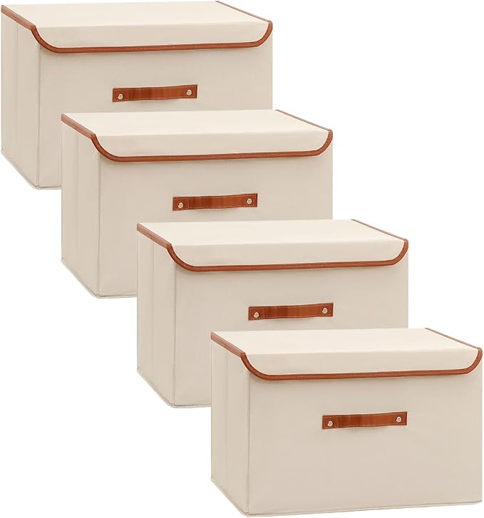 Tuza 4 Pack Large Fabric Storage Bins with Lids, Foldable Storage Boxes with Lids for Organizing, Decorative Storage Boxes with Handles for Home, Bedroom, Closet, Office(Khaki, Large)