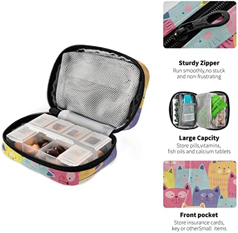 Colorful Cat Pill Box 7 Day Pill Case Travel Pill Organizer Bag with Zipper Portable Weekly Case Compact Size for Vitamin Supplement Holder