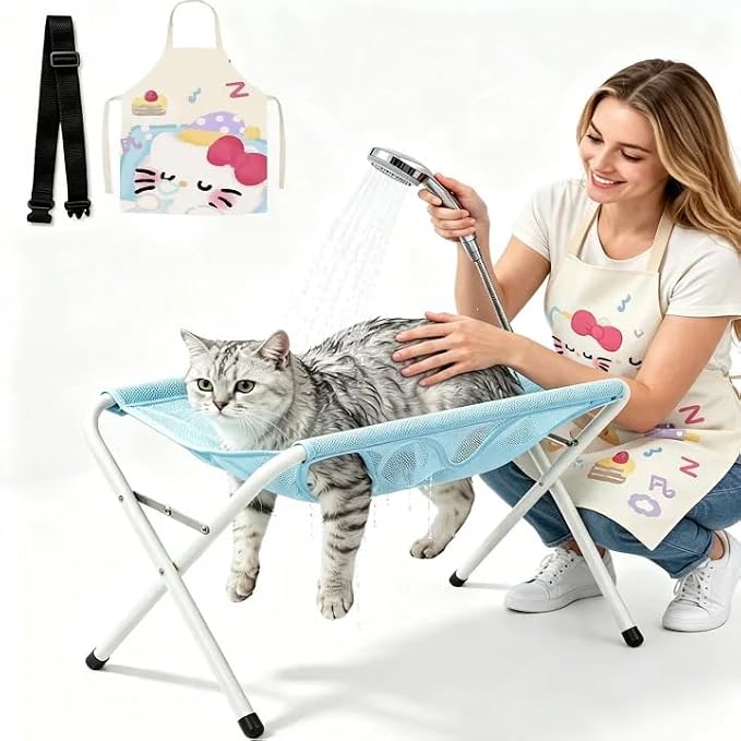 Foldable Pet Bathing Stand, Pet Grooming Hammock with Stand, Grooming Pet Bath Stands with Quick Surface and Strap Suitable for Pet Washing Maintenance Travel Grooming, Holds up to 44 LBS