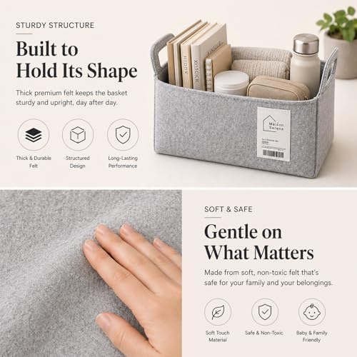 Grey Felt Storage Basket with Handles, Foldable Fabric Bin Organizer | Collapsible Decorative Basket for Shelves, Closets, Toys & Nursery – Versatile Fabric Bin for Home, Bedroom and Playroom