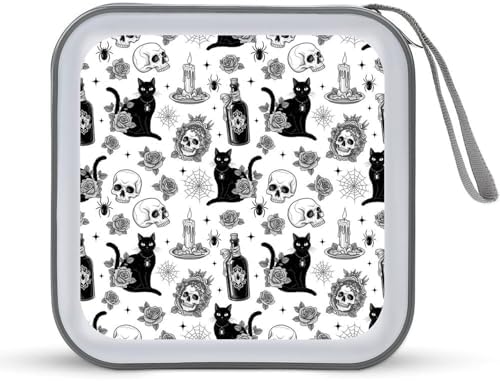 Portable Protective CD Holder Rose Skull Goth Black Cat, 40-Disc Hard Case with Zipper, Storage Binder for Music Movies Game Collections