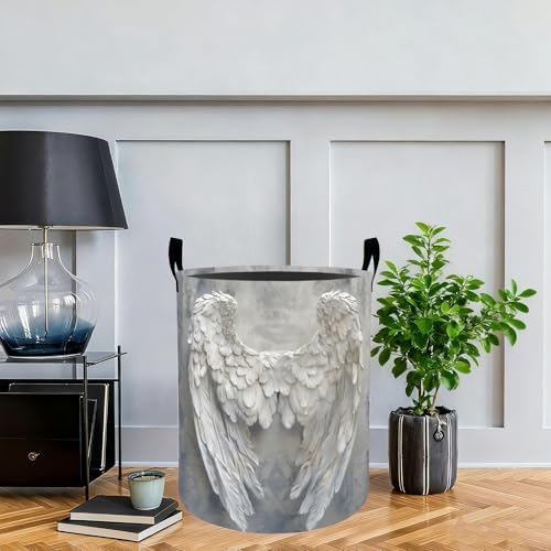 Angel Wings Laundry Basket Hamper, Organizer Bins Gifts for Women Kids, Heavenly White Feather Foldable Waterproof Clothes Hamper Handles Storage Bucket for Bedroom Bathroom Room Decor 19.7"x15.7"