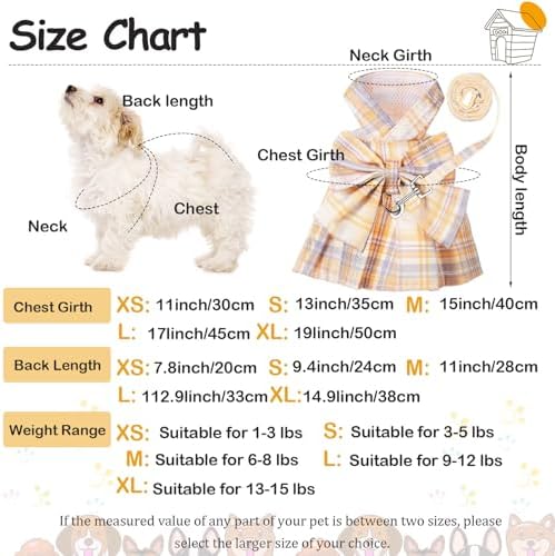 Potchen 4 Pcs Plaid Dog Dresses with Bow Harness and Leashes,L,Light Color