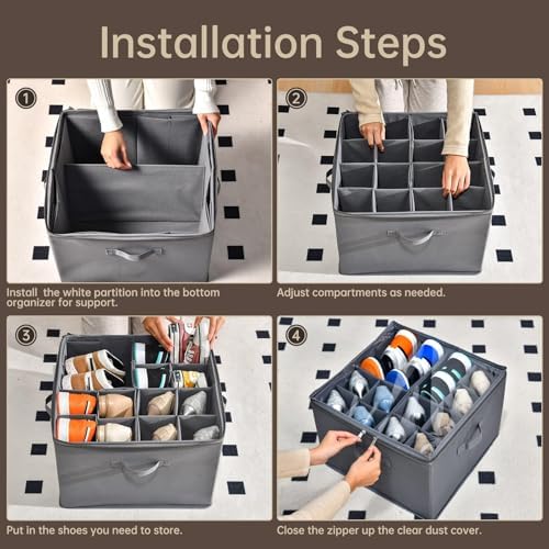 INSTY 2 Pack Shoe Organizer for Closet, Fits up to 32 Pairs, Adjustable Dividers for Shoe Storage, Fabric Shoe Storage Bins with Clear Cover, Grey