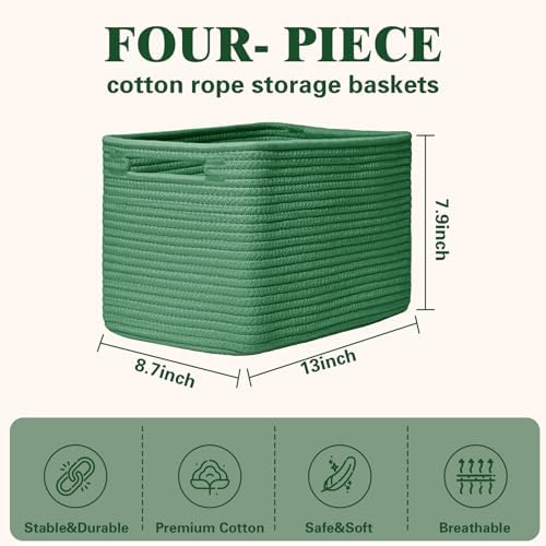 Storage Baskets for Organizing, 4 Pack Baskets for Shelves, Decorative Storage Bins for Shelves, Cotton Rope Storage Basket with Handles, Woven Basket for Storage, 13''Lx8.7''Wx7.9''H, Green